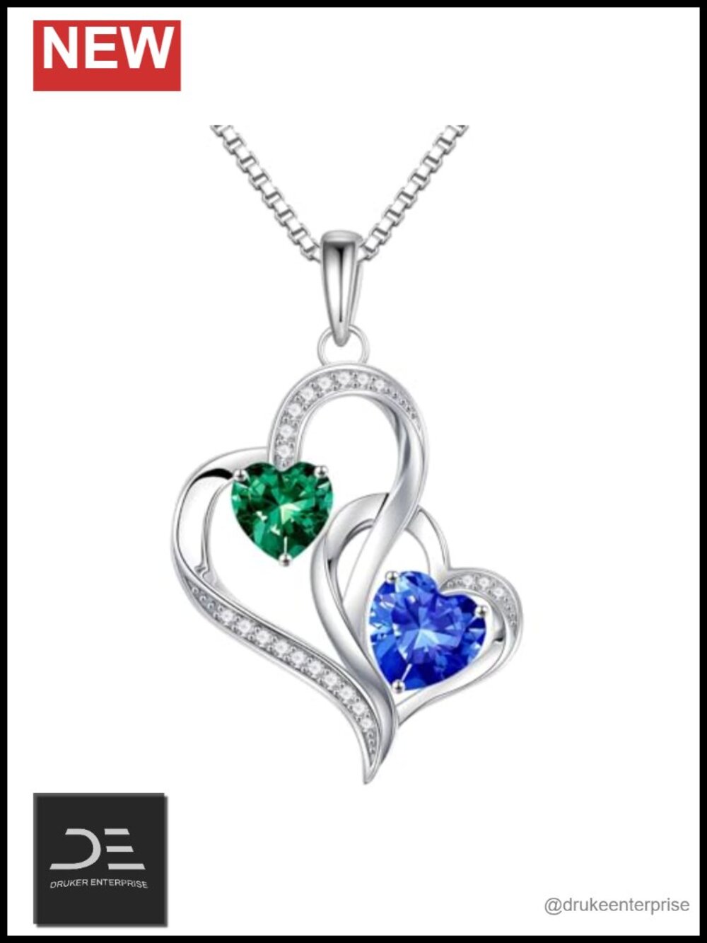 Double Birthstone Necklace 925 Sterling Silver Heart Pendant Women Gift